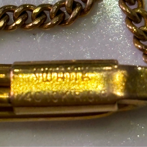 Vintage Goldtone “Swank” Tie Clip with Hanging Chains and Love Knot Pendant - Picture 4 of 4